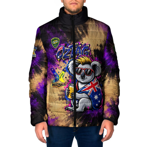 Personalised Australian Oztag Koala Mascot Padded Jacket Cool Koala Sunglasses Tie Dye Paint Splatter