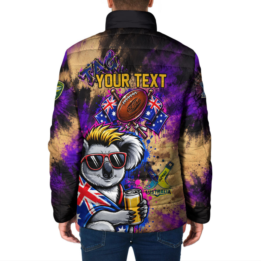Personalised Australian Oztag Koala Mascot Padded Jacket Cool Koala Sunglasses Tie Dye Paint Splatter