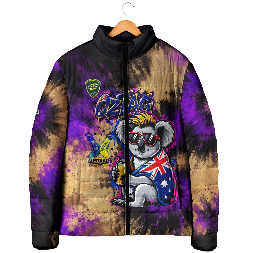 Personalised Australian Oztag Koala Mascot Padded Jacket Cool Koala Sunglasses Tie Dye Paint Splatter