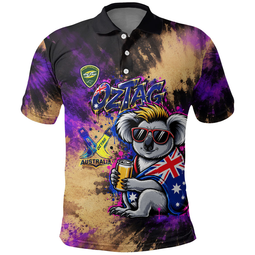 Personalised Australian Oztag Koala Mascot Polo Shirt Cool Koala Sunglasses Tie Dye Paint Splatter