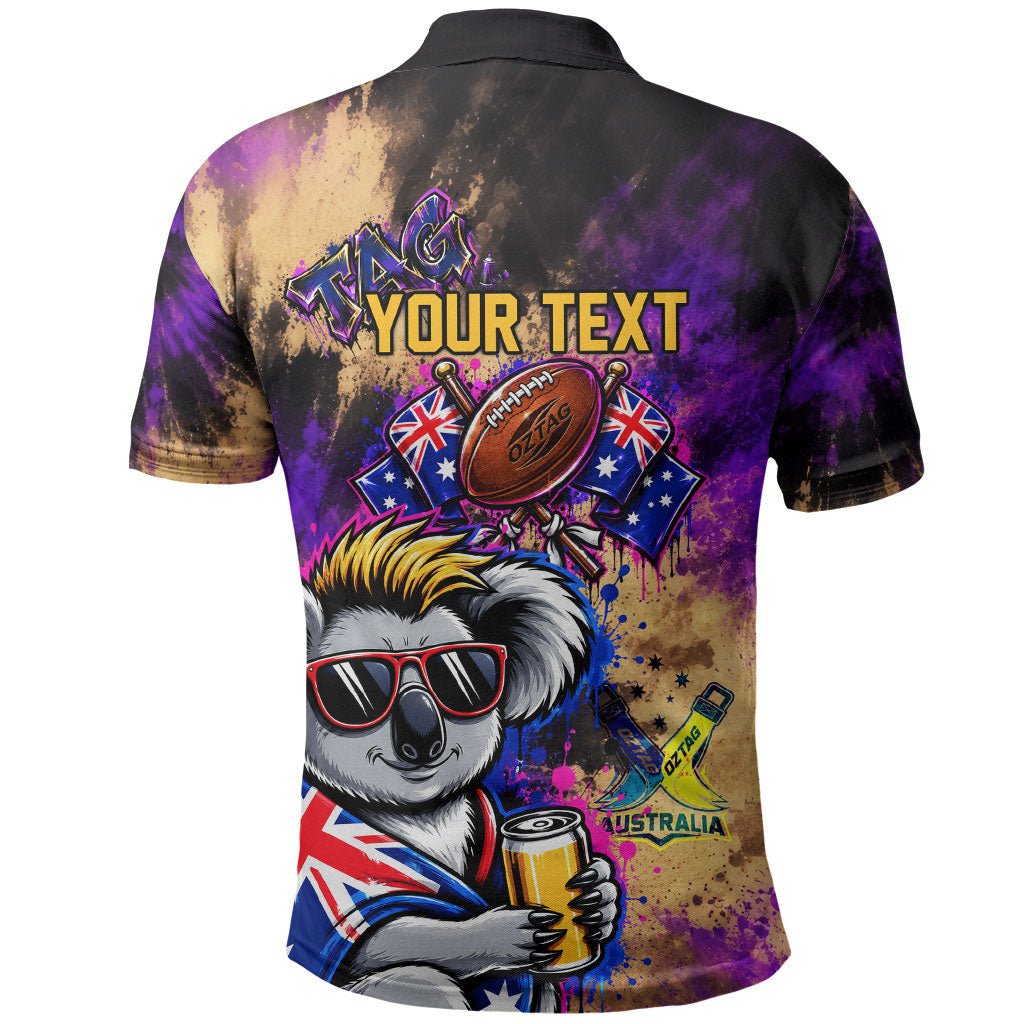 Personalised Australian Oztag Koala Mascot Polo Shirt Cool Koala Sunglasses Tie Dye Paint Splatter