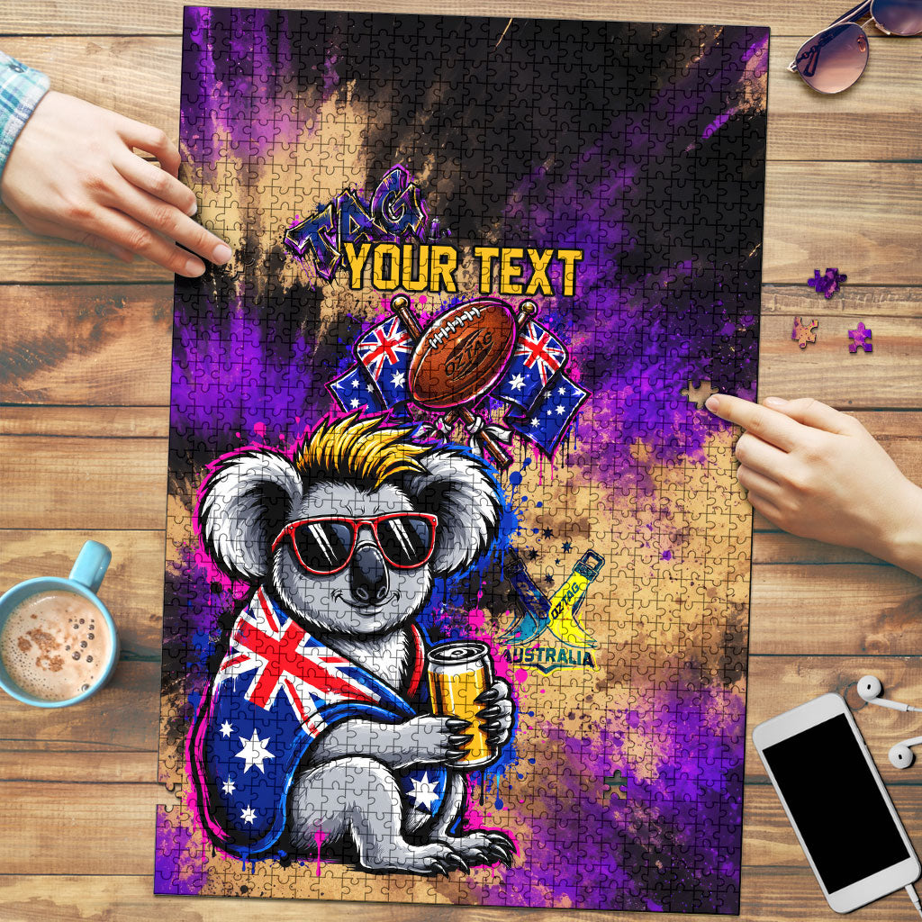 Personalised Australian Oztag Koala Mascot Puzzle Cool Koala Sunglasses Tie Dye Paint Splatter