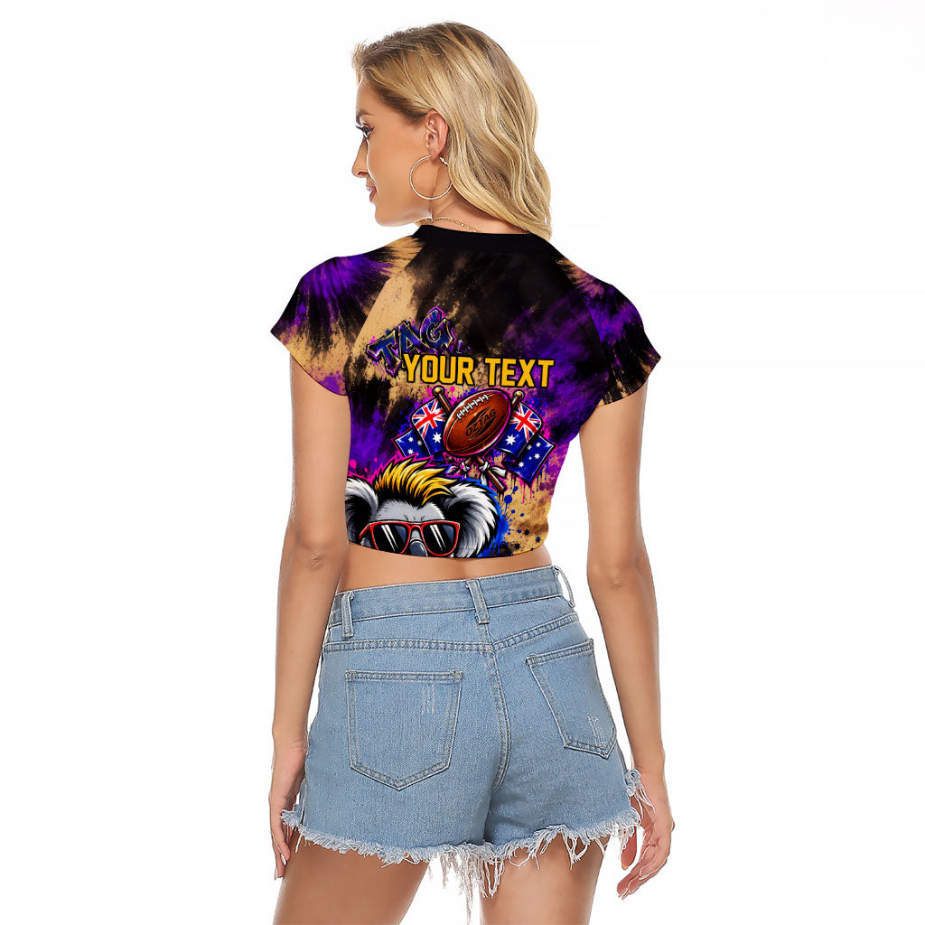 Personalised Australian Oztag Koala Mascot Raglan Cropped T Shirt Cool Koala Sunglasses Tie Dye Paint Splatter
