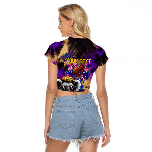 Personalised Australian Oztag Koala Mascot Raglan Cropped T Shirt Cool Koala Sunglasses Tie Dye Paint Splatter