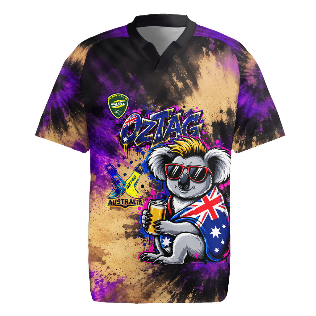 Personalised Australian Oztag Koala Mascot Rugby Jersey Cool Koala Sunglasses Tie Dye Paint Splatter