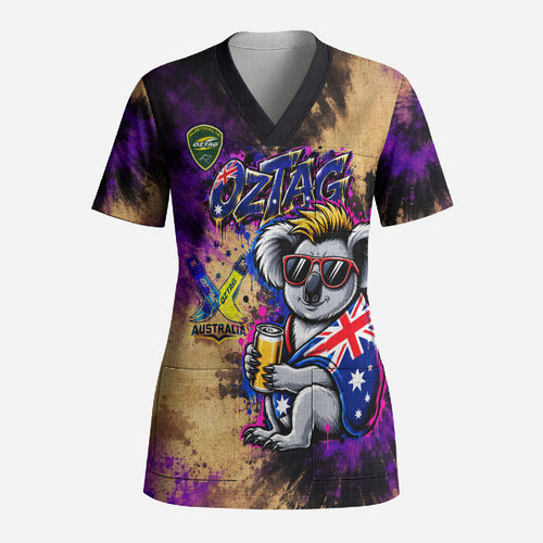 Personalised Australian Oztag Koala Mascot Scrub Top Cool Koala Sunglasses Tie Dye Paint Splatter