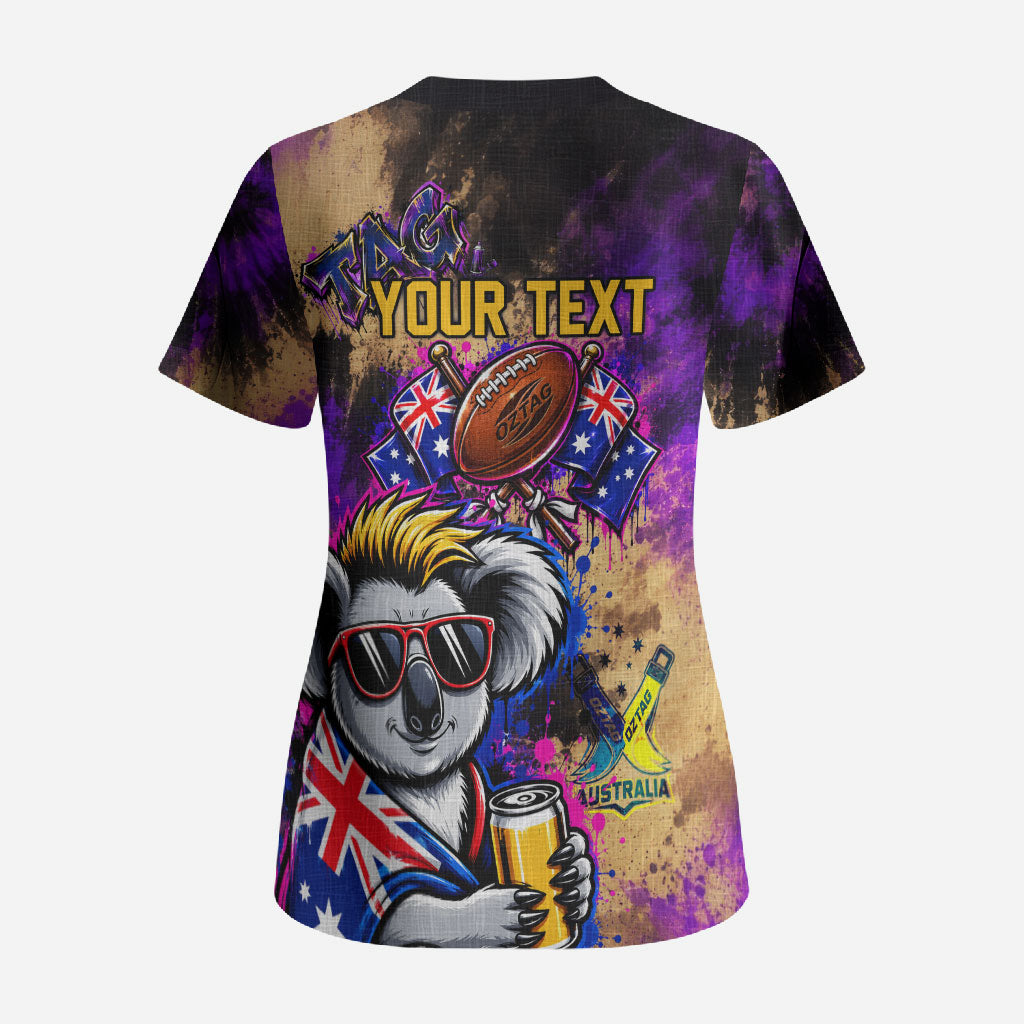 Personalised Australian Oztag Koala Mascot Scrub Top Cool Koala Sunglasses Tie Dye Paint Splatter