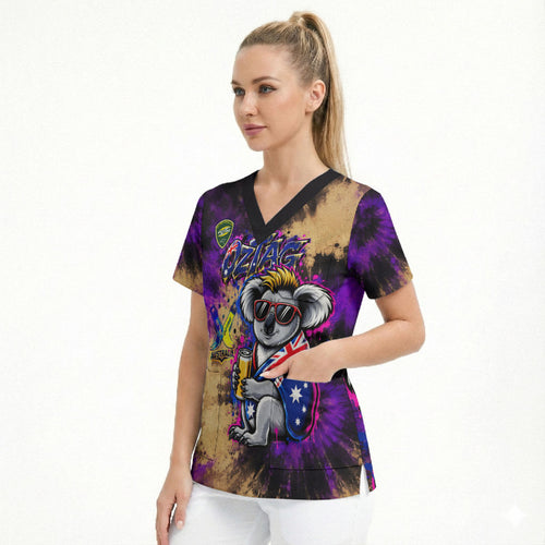 Personalised Australian Oztag Koala Mascot Scrub Top Cool Koala Sunglasses Tie Dye Paint Splatter