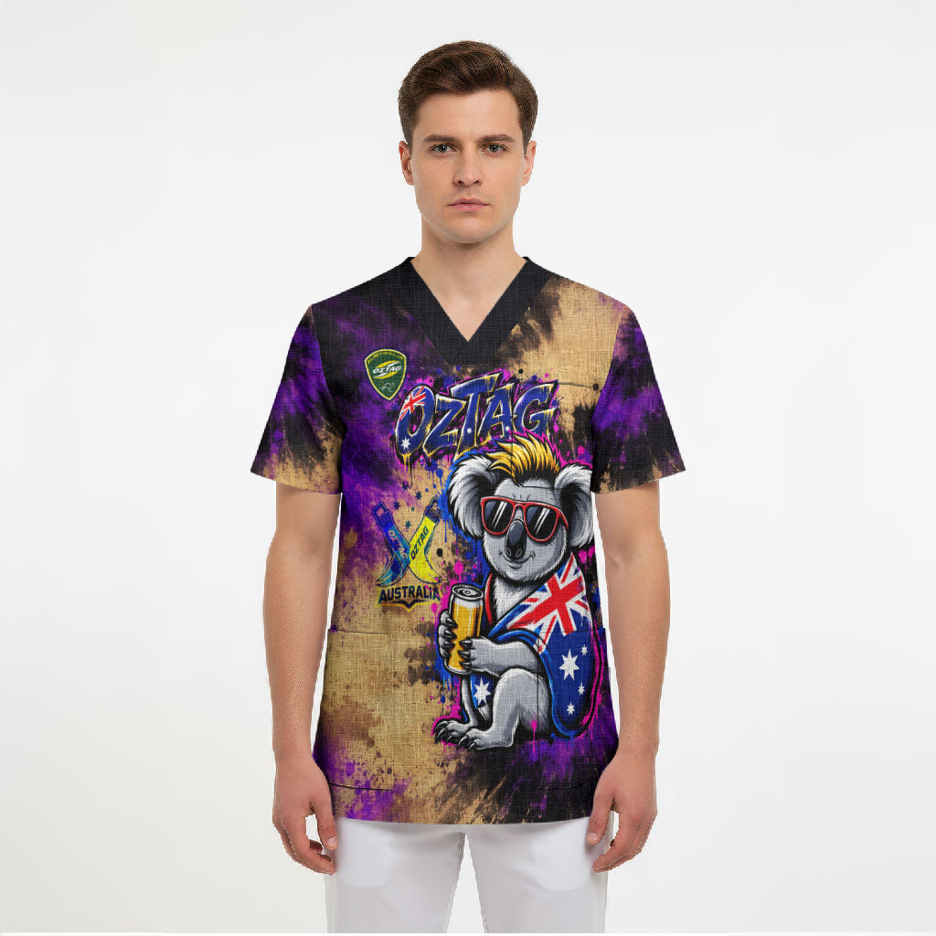 Personalised Australian Oztag Koala Mascot Scrub Top Cool Koala Sunglasses Tie Dye Paint Splatter