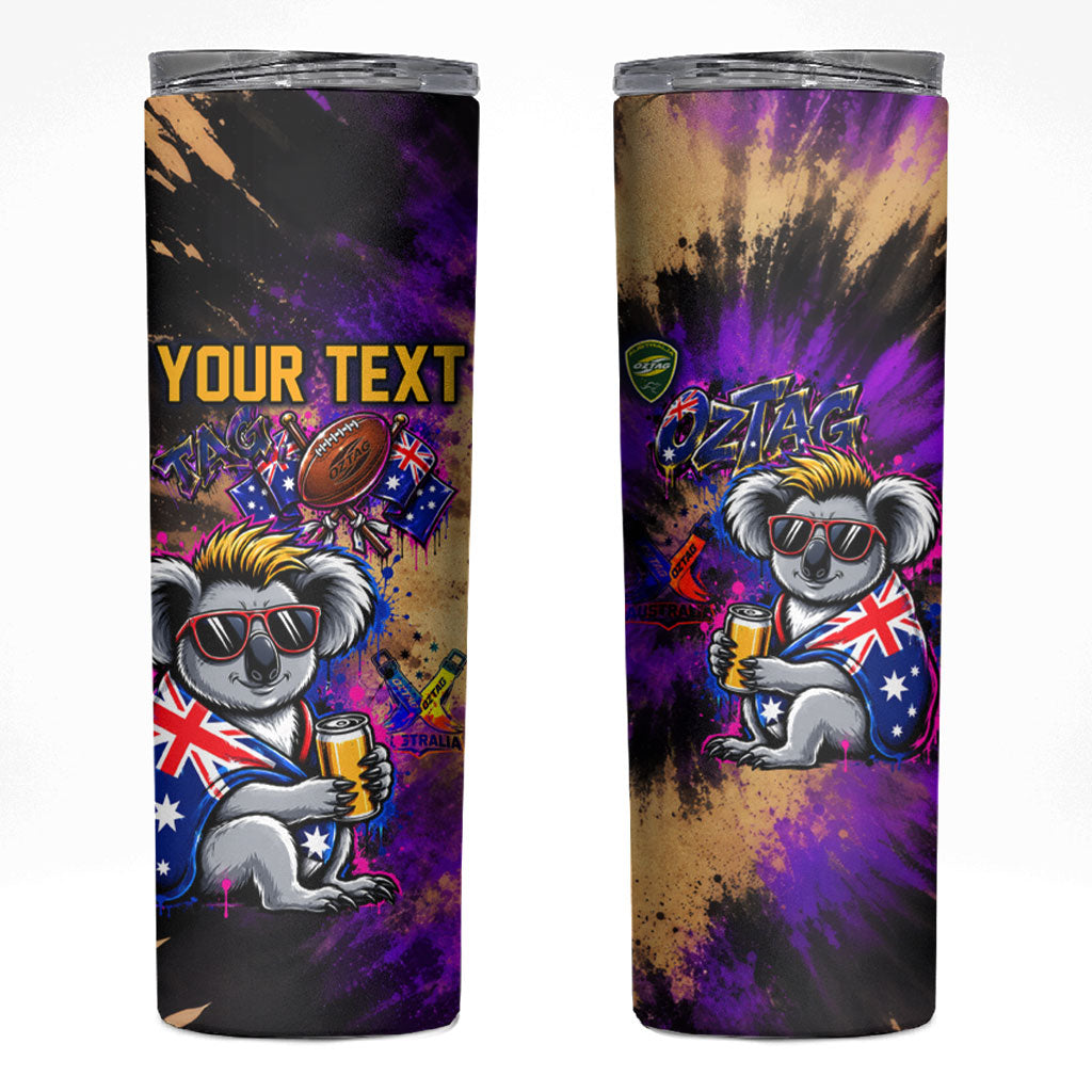 Personalised Australian Oztag Koala Mascot Skinny Tumbler Cool Koala Sunglasses Tie Dye Paint Splatter