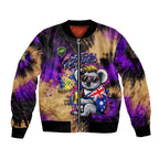 Personalised Australian Oztag Koala Mascot Sleeve Zip Bomber Jacket Cool Koala Sunglasses Tie Dye Paint Splatter