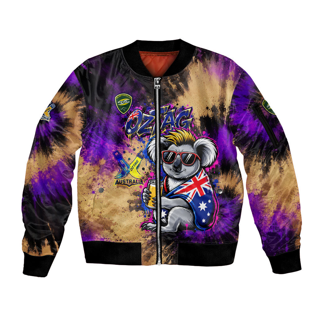 Personalised Australian Oztag Koala Mascot Sleeve Zip Bomber Jacket Cool Koala Sunglasses Tie Dye Paint Splatter