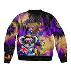 Personalised Australian Oztag Koala Mascot Sleeve Zip Bomber Jacket Cool Koala Sunglasses Tie Dye Paint Splatter