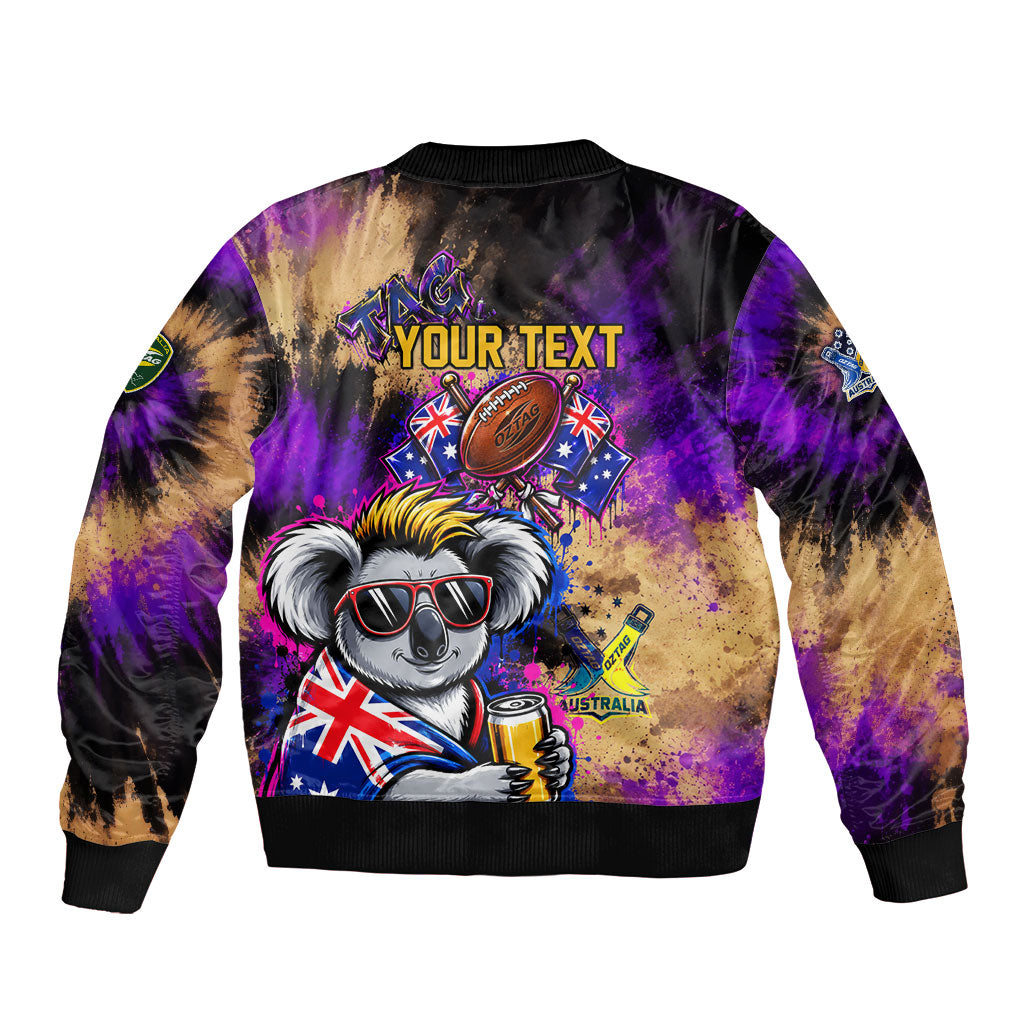 Personalised Australian Oztag Koala Mascot Sleeve Zip Bomber Jacket Cool Koala Sunglasses Tie Dye Paint Splatter