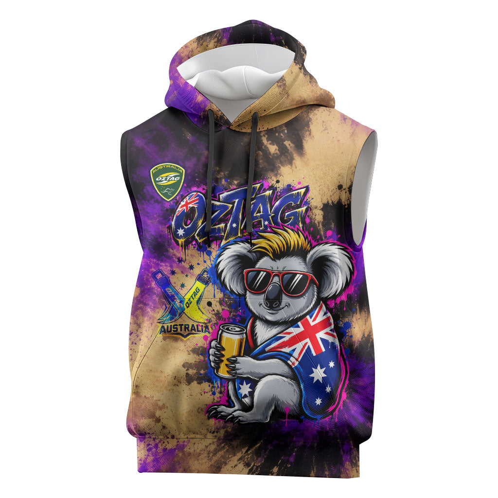 Personalised Australian Oztag Koala Mascot Sleeveless Hoodie Cool Koala Sunglasses Tie Dye Paint Splatter