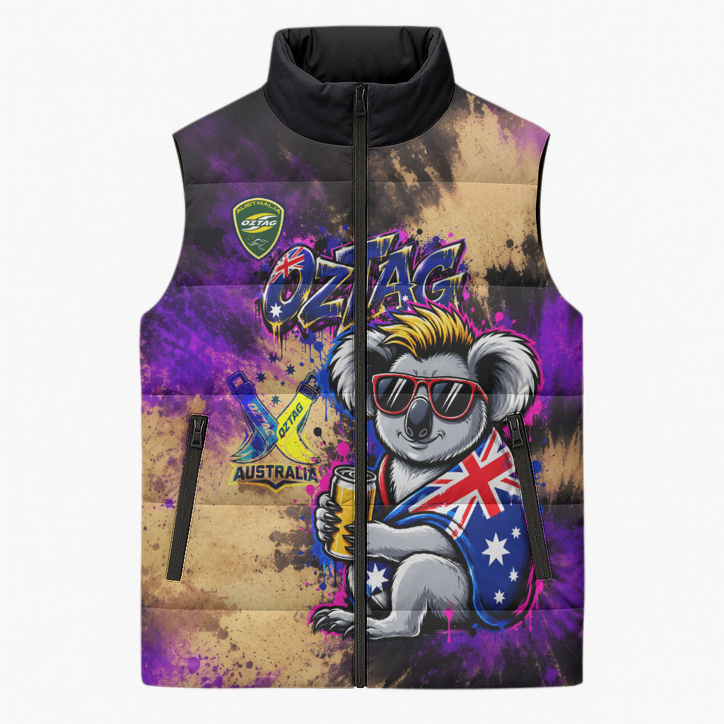 Personalised Australian Oztag Koala Mascot Sleeveless Puffer Jacket Cool Koala Sunglasses Tie Dye Paint Splatter