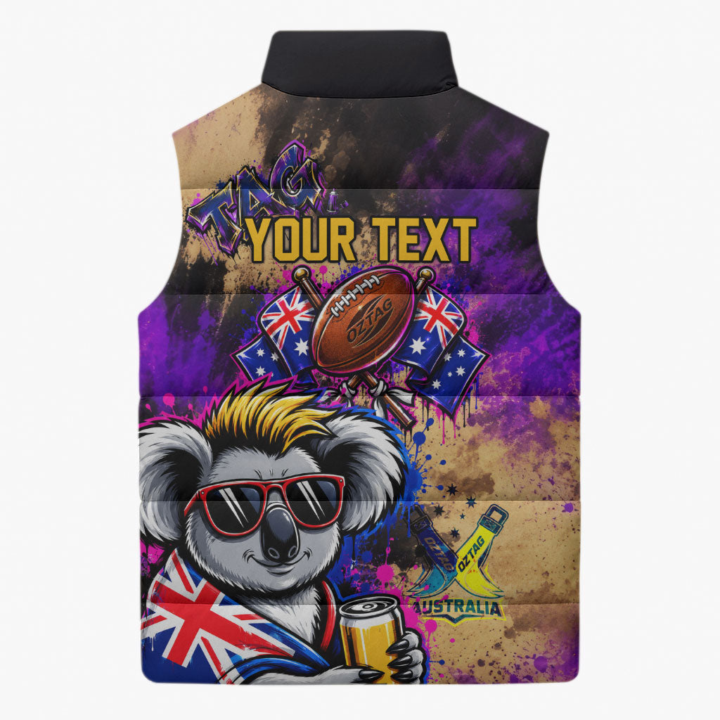 Personalised Australian Oztag Koala Mascot Sleeveless Puffer Jacket Cool Koala Sunglasses Tie Dye Paint Splatter