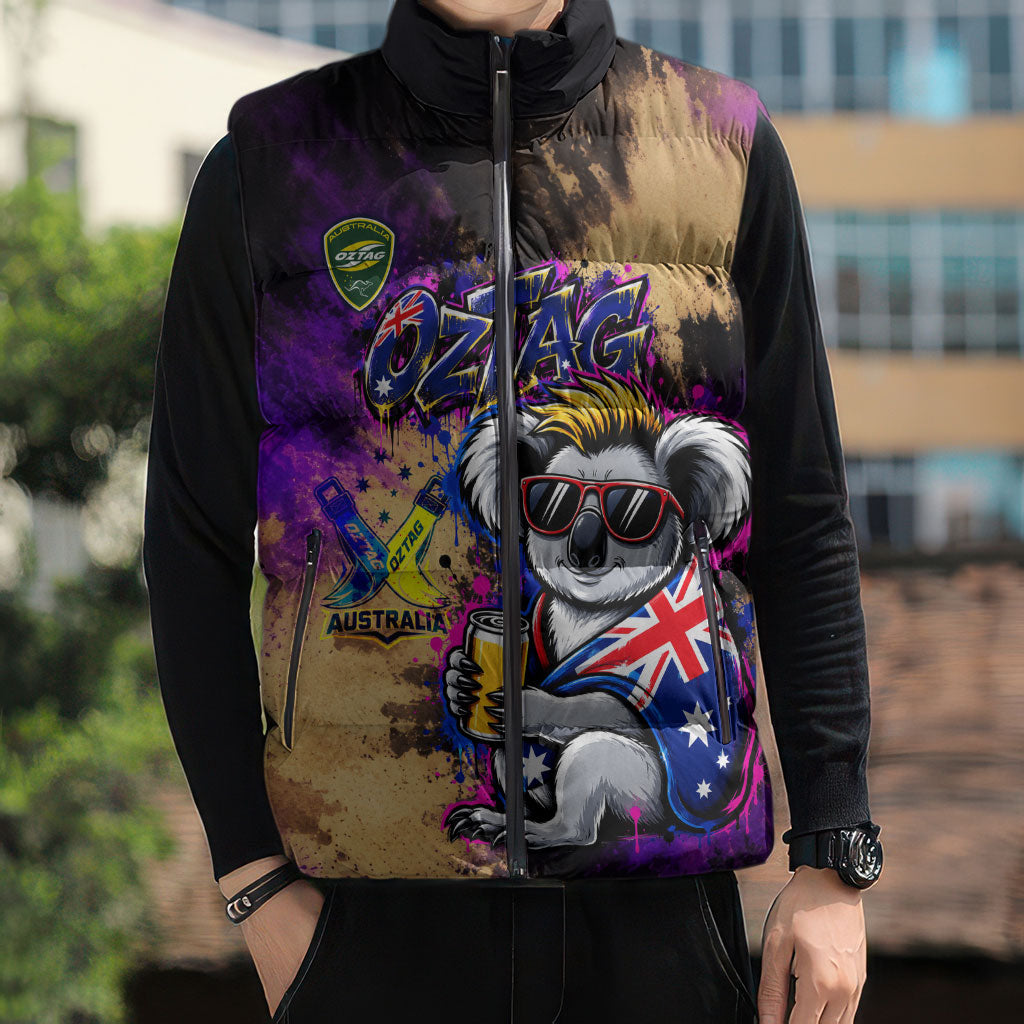 Personalised Australian Oztag Koala Mascot Sleeveless Puffer Jacket Cool Koala Sunglasses Tie Dye Paint Splatter