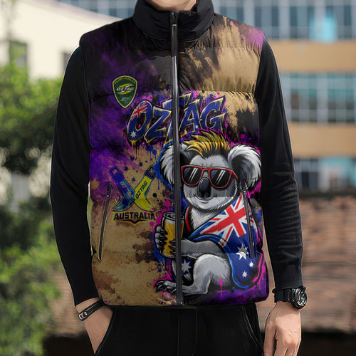 Personalised Australian Oztag Koala Mascot Sleeveless Puffer Jacket Cool Koala Sunglasses Tie Dye Paint Splatter