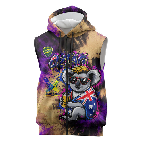 Personalised Australian Oztag Koala Mascot Sleeveless Zip Hoodie Cool Koala Sunglasses Tie Dye Paint Splatter