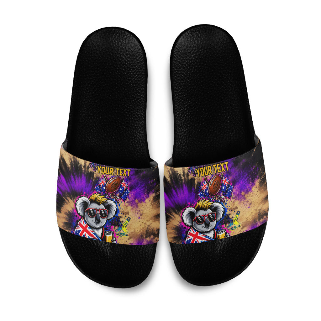 Personalised Australian Oztag Koala Mascot Slide Sandals Cool Koala Sunglasses Tie Dye Paint Splatter