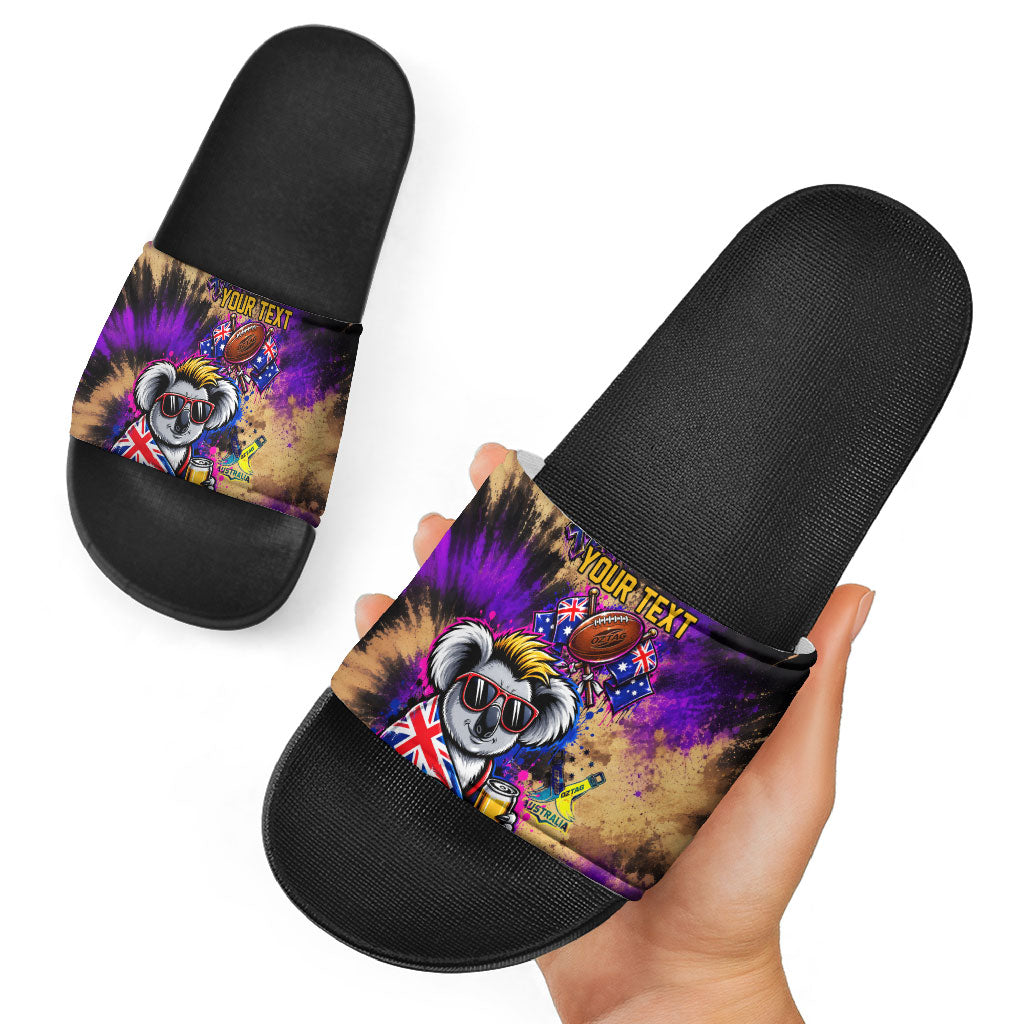 Personalised Australian Oztag Koala Mascot Slide Sandals Cool Koala Sunglasses Tie Dye Paint Splatter