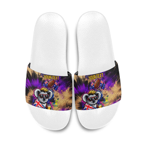 Personalised Australian Oztag Koala Mascot Slide Sandals Cool Koala Sunglasses Tie Dye Paint Splatter