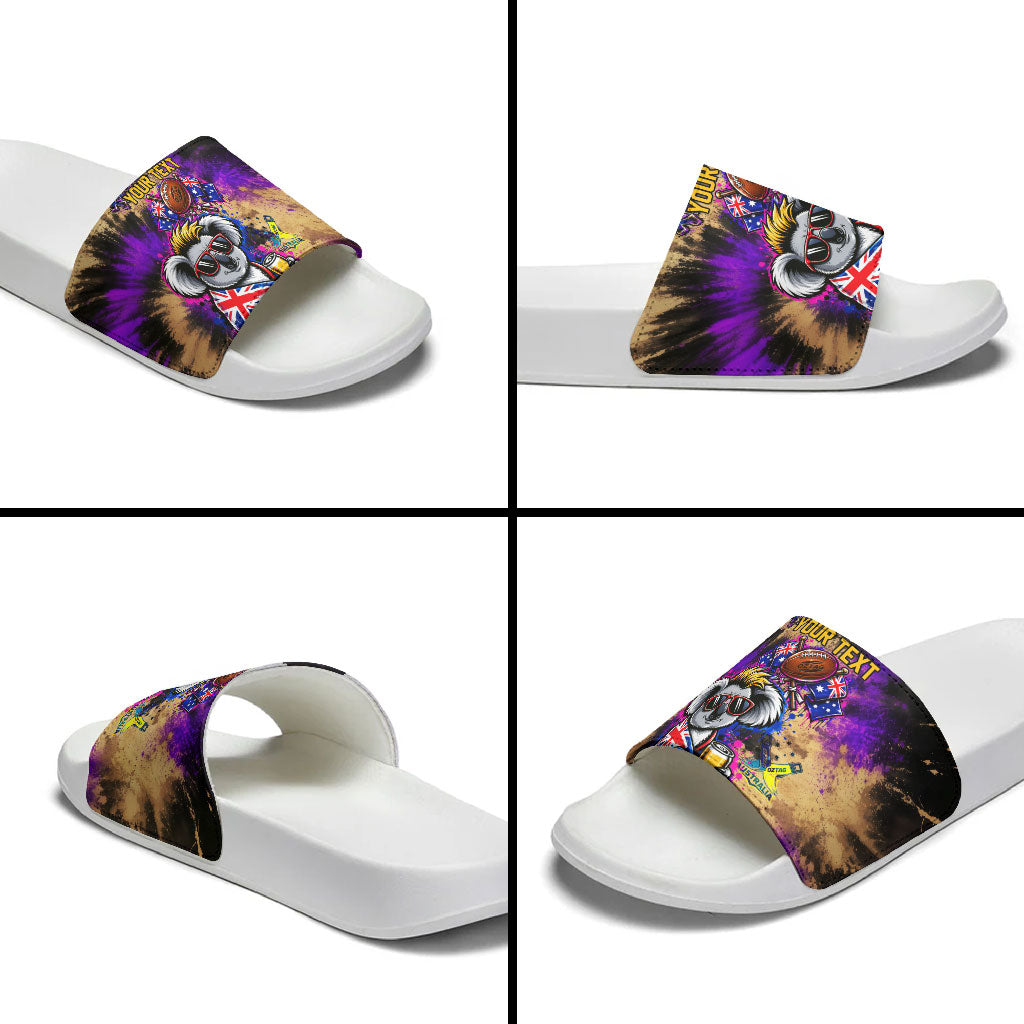 Personalised Australian Oztag Koala Mascot Slide Sandals Cool Koala Sunglasses Tie Dye Paint Splatter