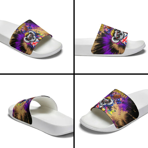 Personalised Australian Oztag Koala Mascot Slide Sandals Cool Koala Sunglasses Tie Dye Paint Splatter