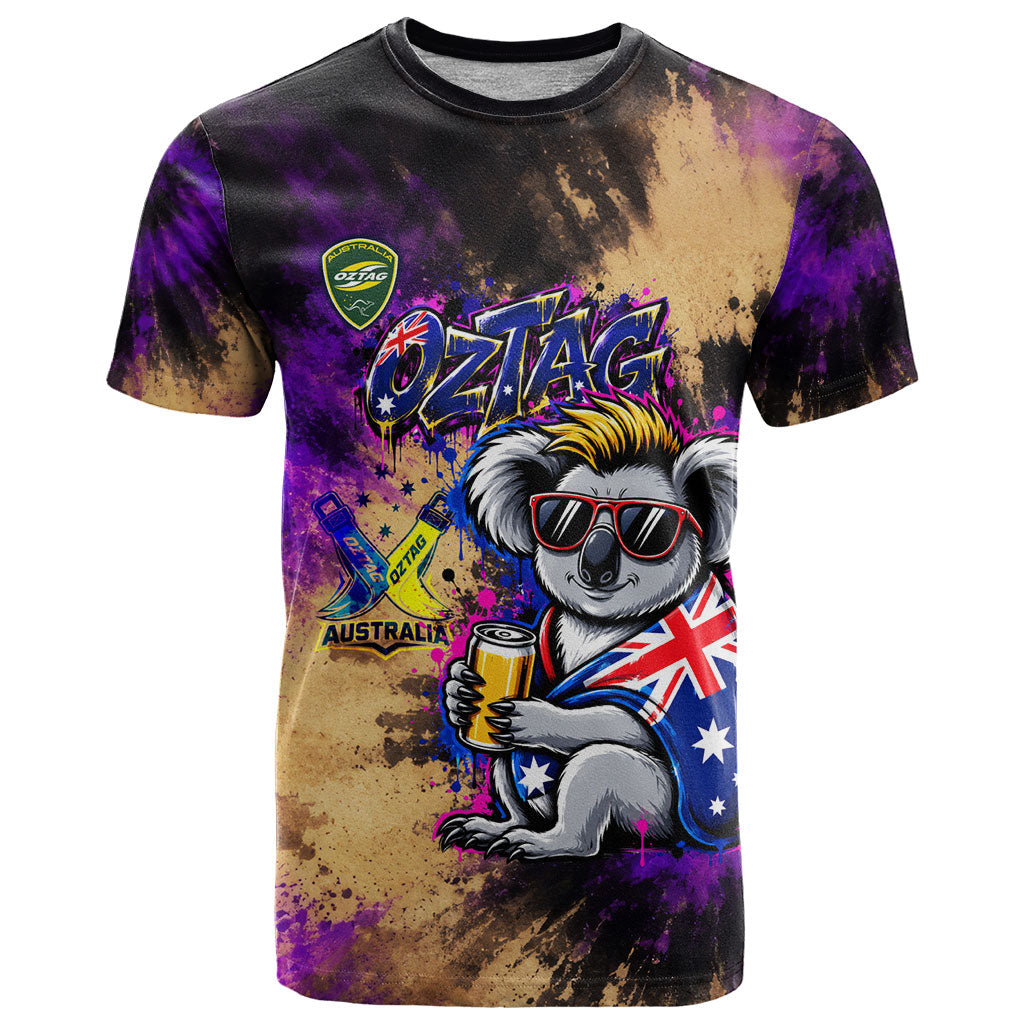 Personalised Australian Oztag Koala Mascot T Shirt Cool Koala Sunglasses Tie Dye Paint Splatter