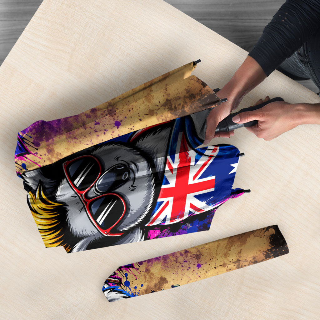 Personalised Australian Oztag Koala Mascot Umbrella Cool Koala Sunglasses Tie Dye Paint Splatter
