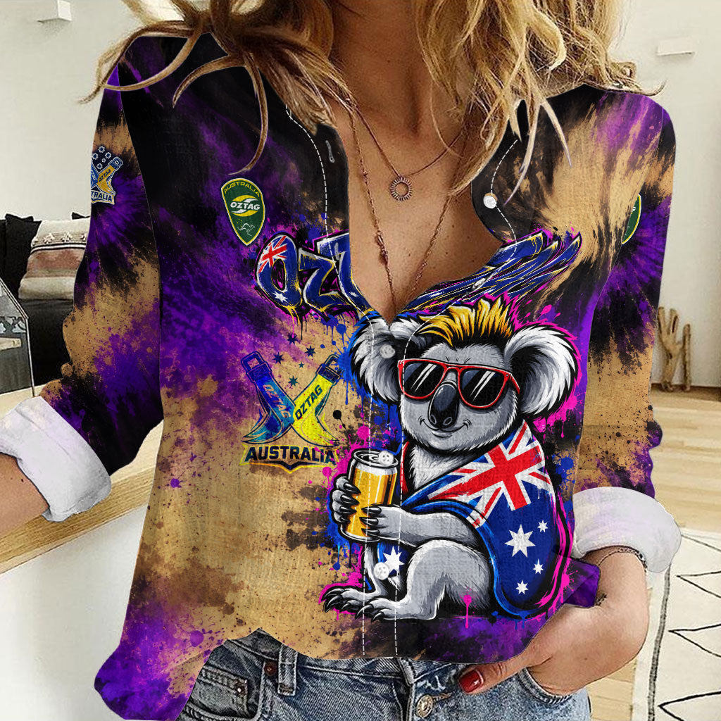 Personalised Australian Oztag Koala Mascot Women Casual Shirt Cool Koala Sunglasses Tie Dye Paint Splatter