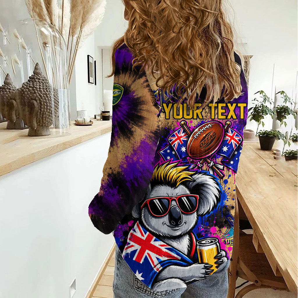 Personalised Australian Oztag Koala Mascot Women Casual Shirt Cool Koala Sunglasses Tie Dye Paint Splatter