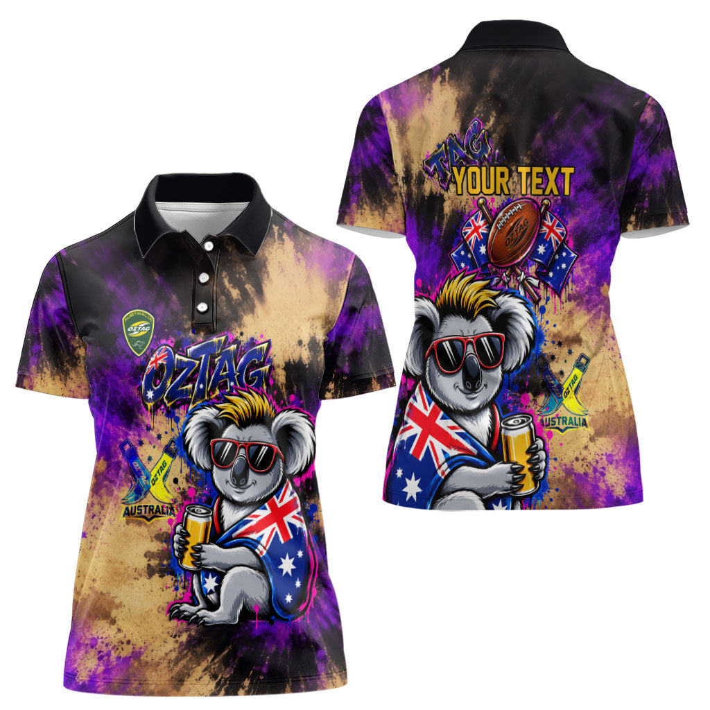 Personalised Australian Oztag Koala Mascot Women Polo Shirt Cool Koala Sunglasses Tie Dye Paint Splatter