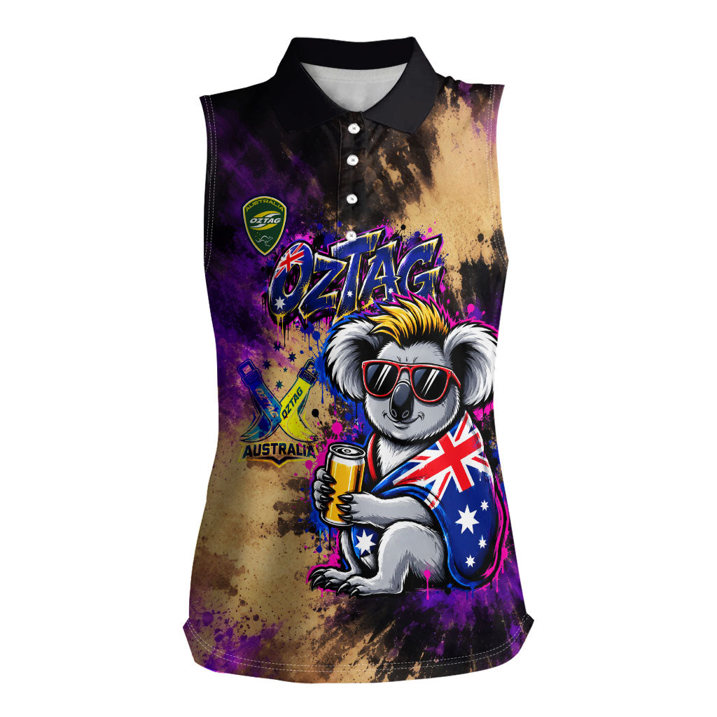 Personalised Australian Oztag Koala Mascot Women Sleeveless Polo Shirt Cool Koala Sunglasses Tie Dye Paint Splatter