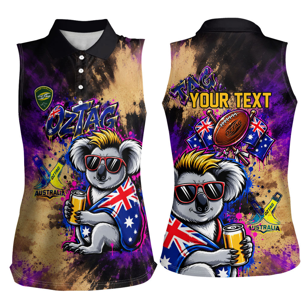 Personalised Australian Oztag Koala Mascot Women Sleeveless Polo Shirt Cool Koala Sunglasses Tie Dye Paint Splatter