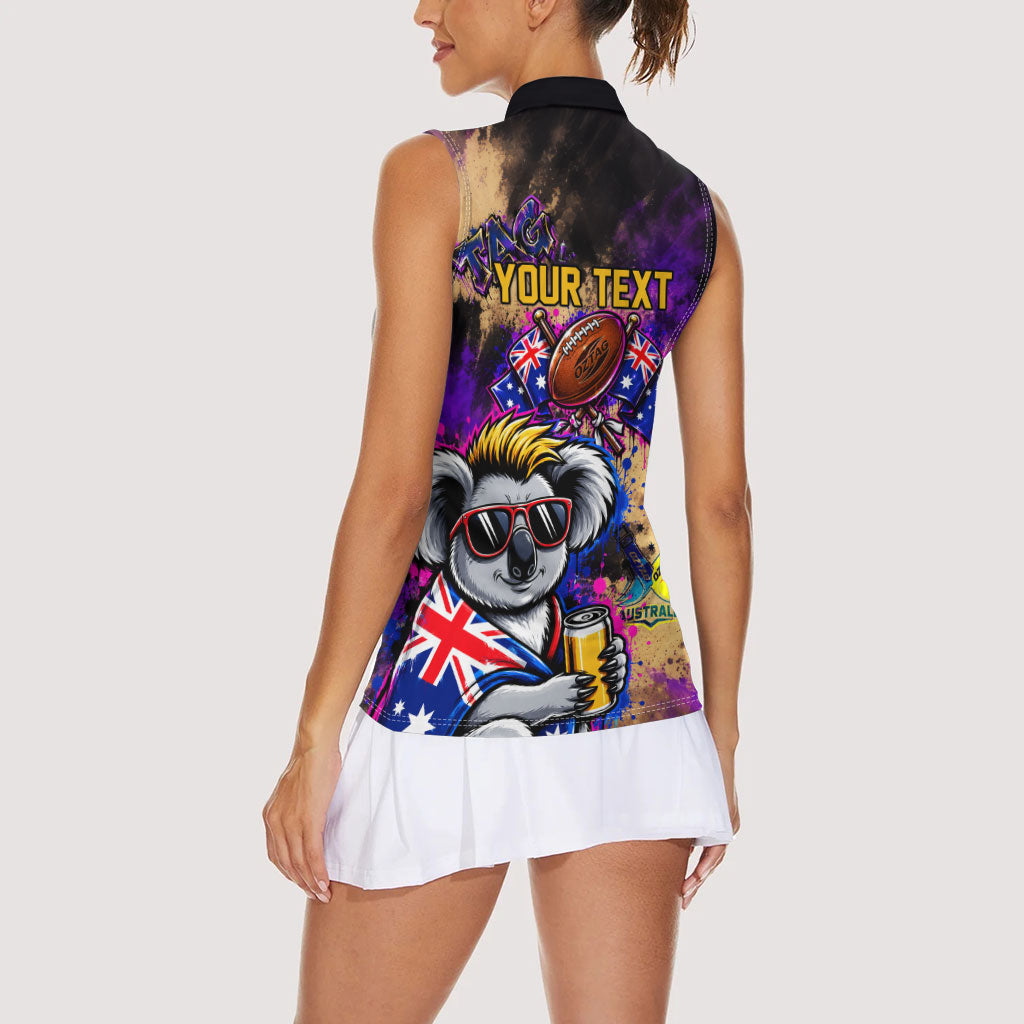 Personalised Australian Oztag Koala Mascot Women Sleeveless Polo Shirt Cool Koala Sunglasses Tie Dye Paint Splatter