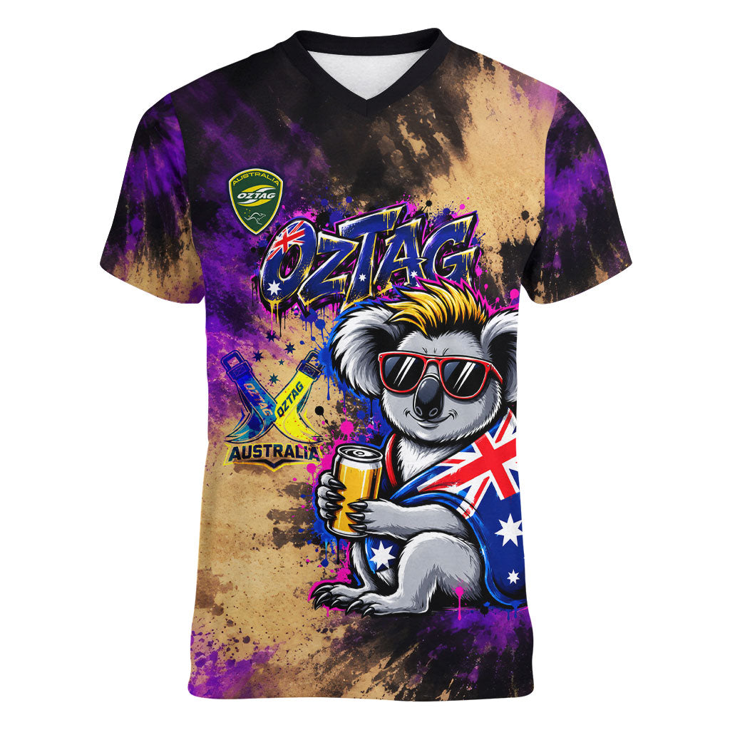 Personalised Australian Oztag Koala Mascot Women V-Neck T-Shirt Cool Koala Sunglasses Tie Dye Paint Splatter