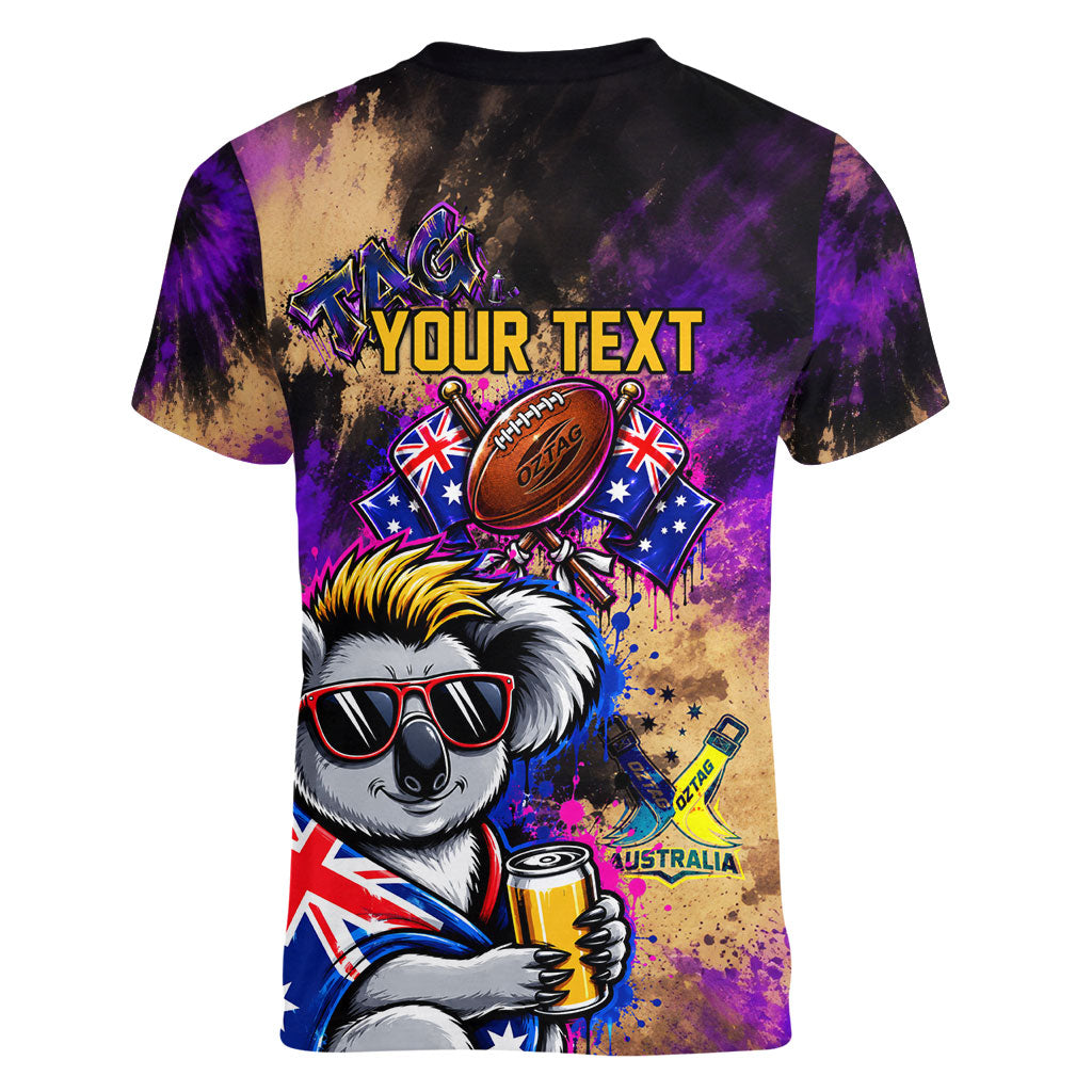 Personalised Australian Oztag Koala Mascot Women V-Neck T-Shirt Cool Koala Sunglasses Tie Dye Paint Splatter