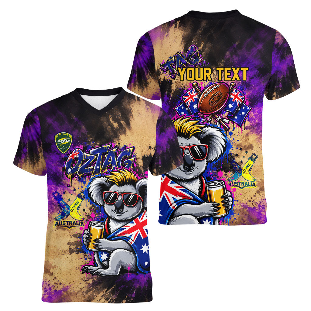 Personalised Australian Oztag Koala Mascot Women V-Neck T-Shirt Cool Koala Sunglasses Tie Dye Paint Splatter