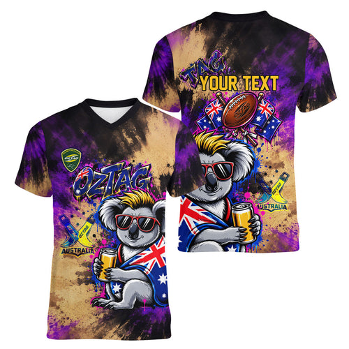 Personalised Australian Oztag Koala Mascot Women V-Neck T-Shirt Cool Koala Sunglasses Tie Dye Paint Splatter