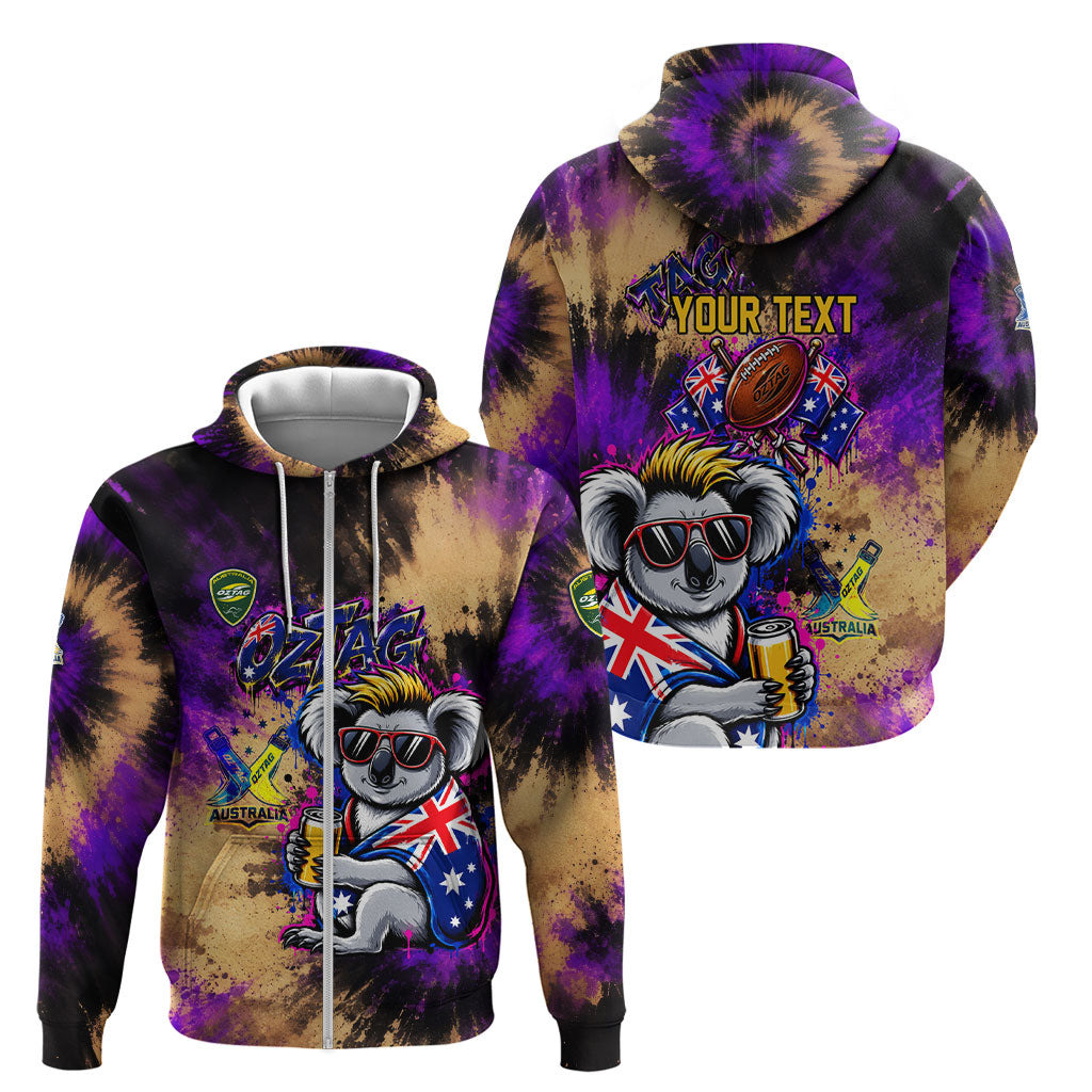 Personalised Australian Oztag Koala Mascot Zip Hoodie Cool Koala Sunglasses Tie Dye Paint Splatter