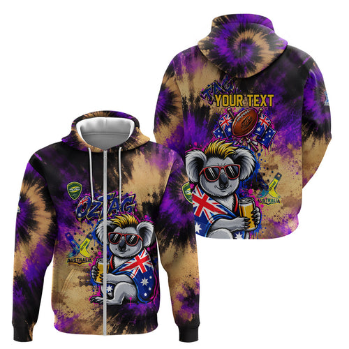 Personalised Australian Oztag Koala Mascot Zip Hoodie Cool Koala Sunglasses Tie Dye Paint Splatter