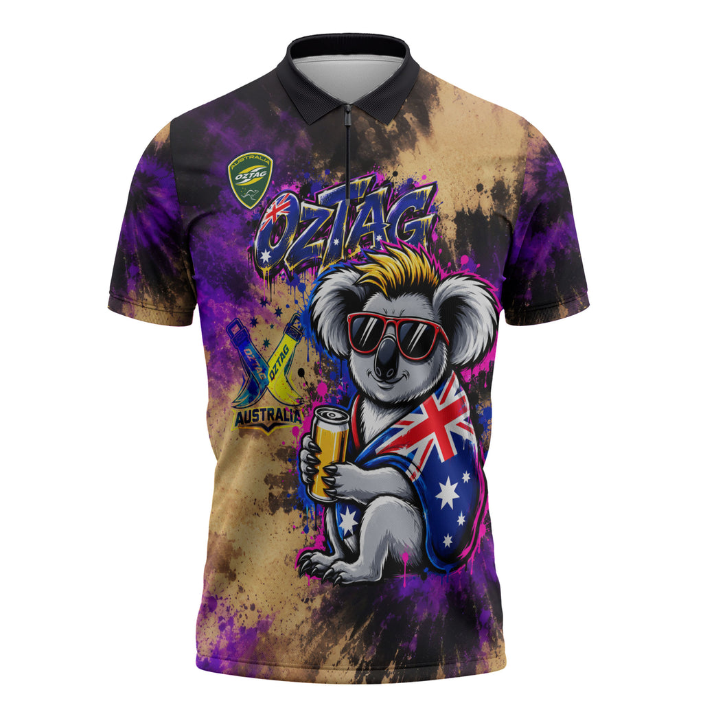 Personalised Australian Oztag Koala Mascot Zipper Polo Shirt Cool Koala Sunglasses Tie Dye Paint Splatter