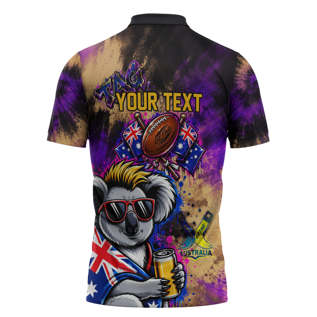 Personalised Australian Oztag Koala Mascot Zipper Polo Shirt Cool Koala Sunglasses Tie Dye Paint Splatter