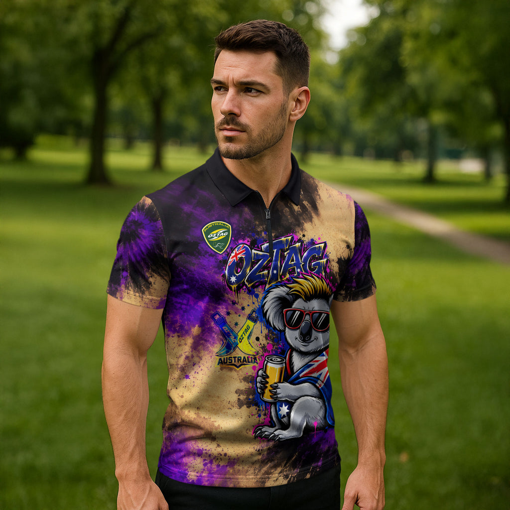 Personalised Australian Oztag Koala Mascot Zipper Polo Shirt Cool Koala Sunglasses Tie Dye Paint Splatter