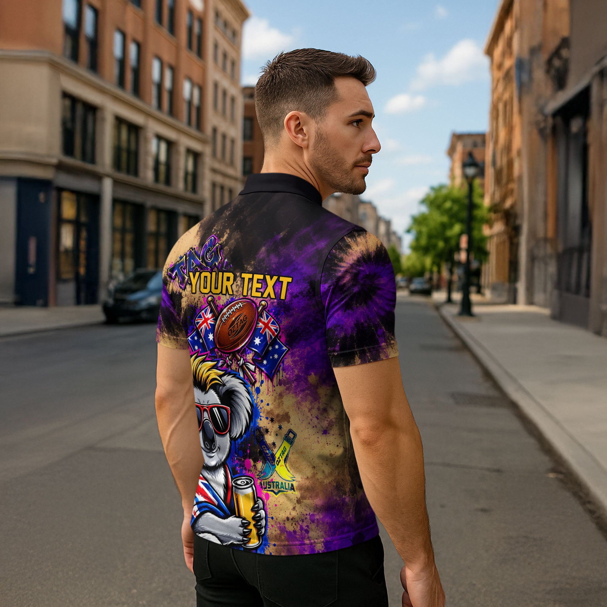 Personalised Australian Oztag Koala Mascot Zipper Polo Shirt Cool Koala Sunglasses Tie Dye Paint Splatter