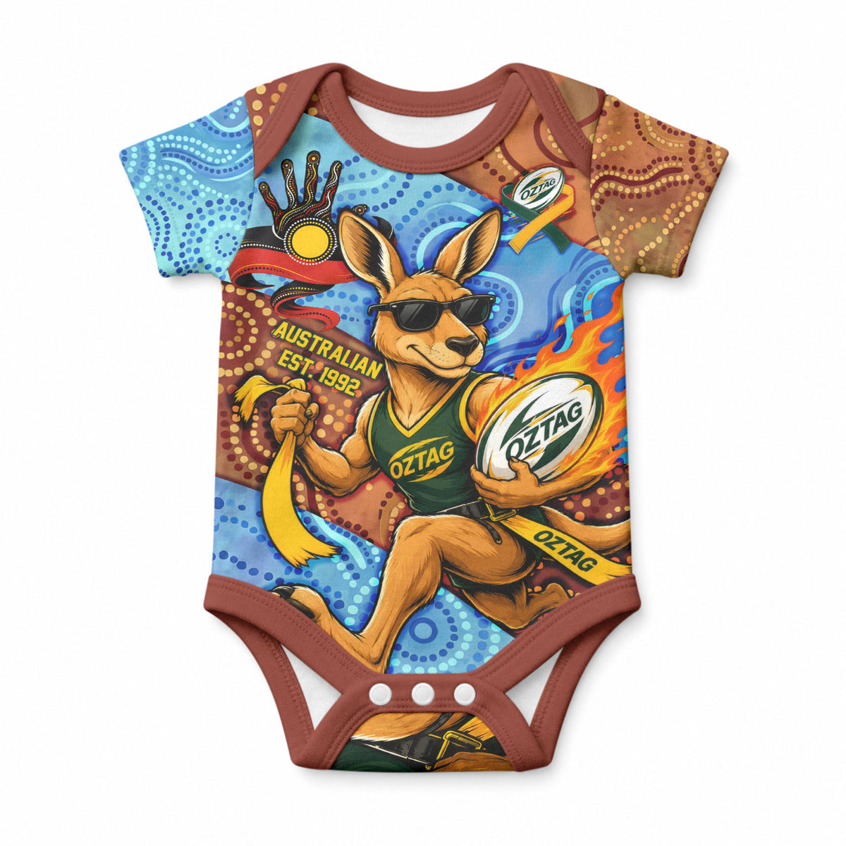 Personalised Australian Oztag Kangaroo Mascot Baby Onesie Indigenous Dot Art Style Aboriginal Culture