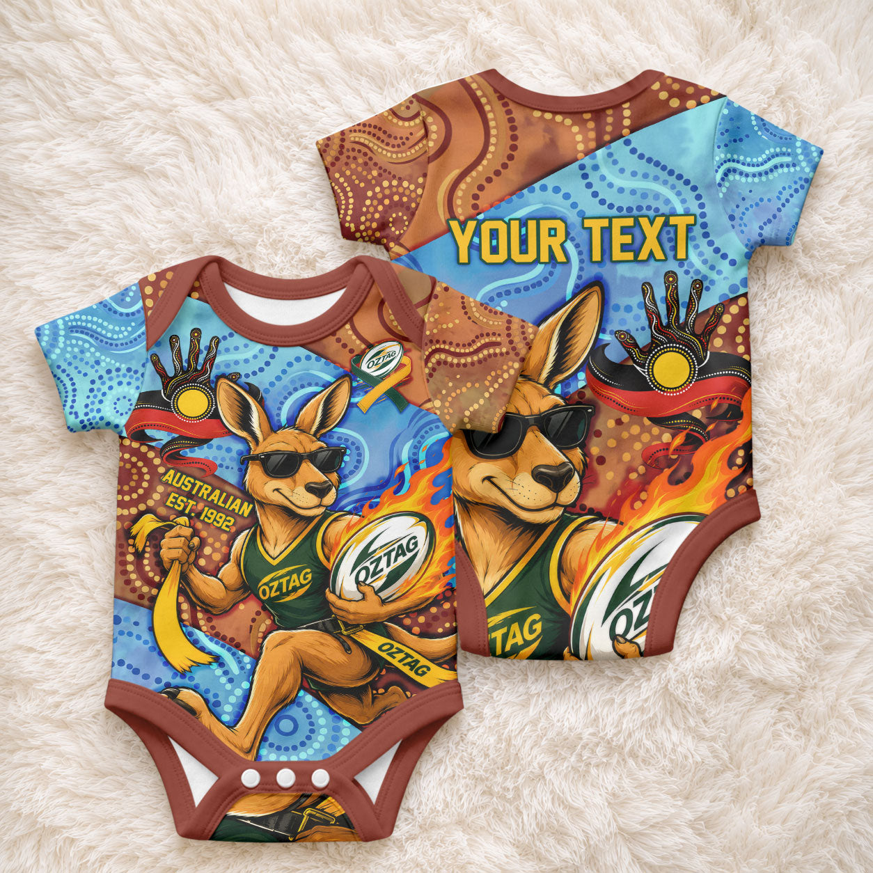Personalised Australian Oztag Kangaroo Mascot Baby Onesie Indigenous Dot Art Style Aboriginal Culture