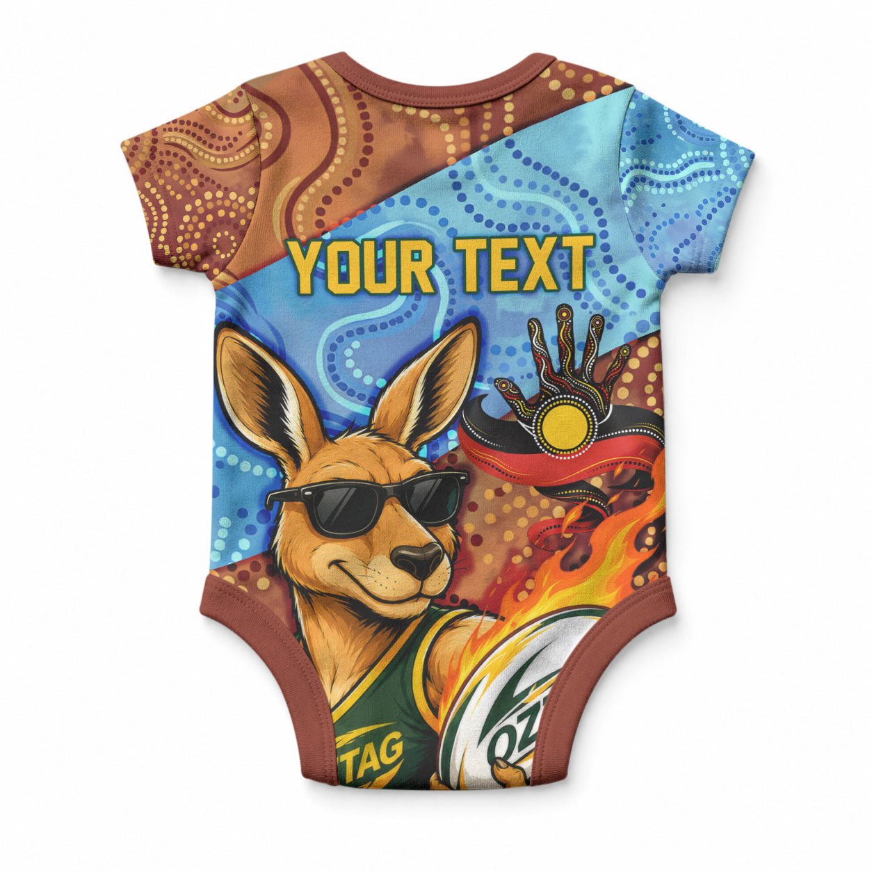 Personalised Australian Oztag Kangaroo Mascot Baby Onesie Indigenous Dot Art Style Aboriginal Culture